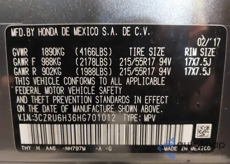 2017 Honda Hr-V Lx z USA, uszkodzony, nr VIN 3CZRU6H36HG701012